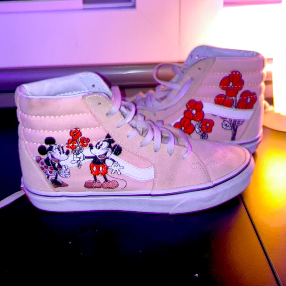Light pink limited edition Vans Off The Wall Disney embroidered high tops.